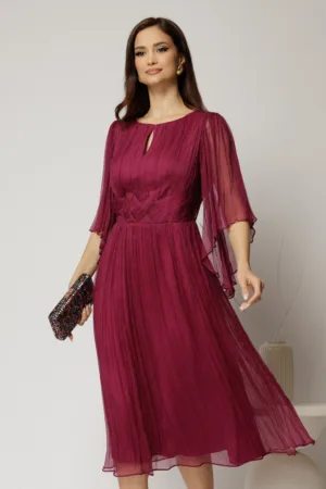 Rochie midi din matase naturala magenta cu maneci evazate si talia impletita