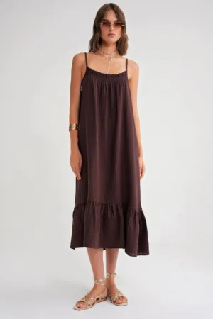 Rochie midi  din muselina - maro - textil