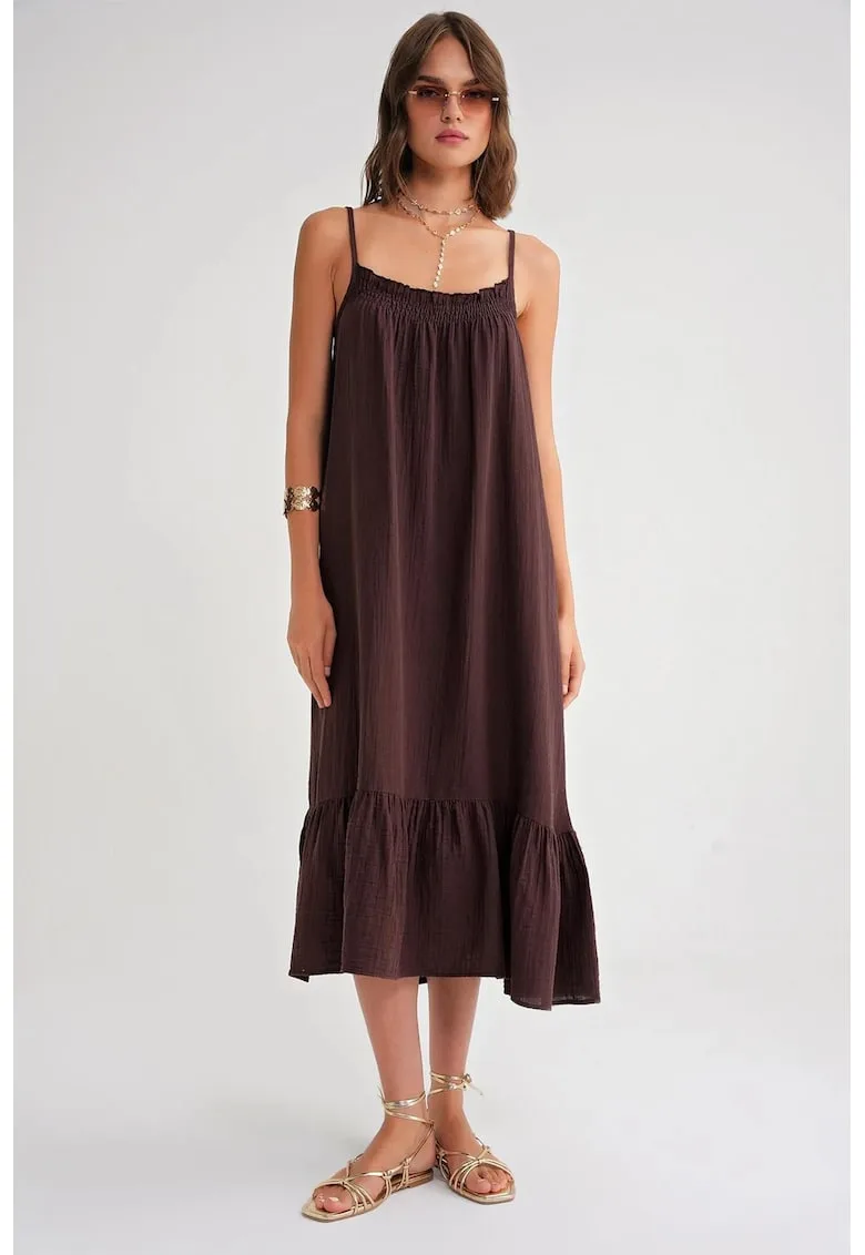 Rochie midi din muselina - maro - textil