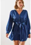 Rochie midi  din satin - decolteu in V - croiala in A - albastru marin