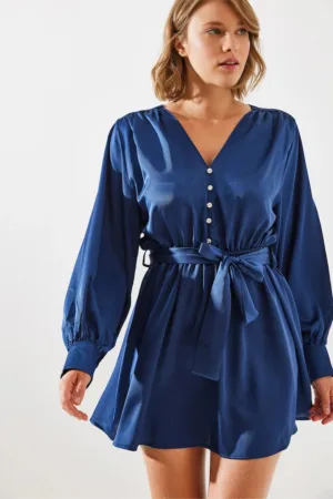 Rochie midi  din satin - decolteu in V - croiala in A - albastru marin