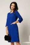 Rochie midi din stofa albastra cu buzunare si nasturi decorativi