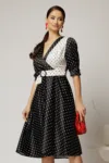 Rochie midi din tafta cu buline alb negru