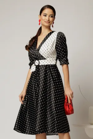 Rochie midi din tafta cu buline alb negru