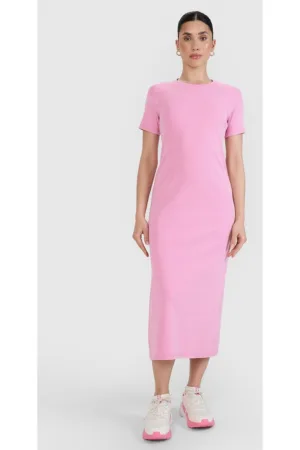 Rochie midi  din tricot cu nervuri - roz - poliester