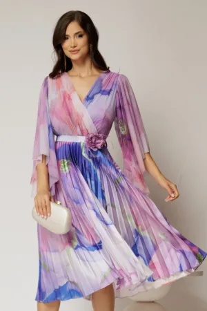 Rochie midi din tull cu imprimeu lila si fusta plisata din satin