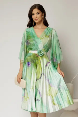 Rochie midi din tull cu imprimeu verde si fusta plisata din satin