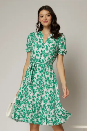 Rochie midi din viscoza alba cu imprimeu verde