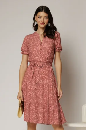 Rochie midi din viscoza caramizie cu imprimeu alb