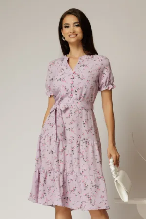 Rochie midi din viscoza lila cu imprimeuri de vara