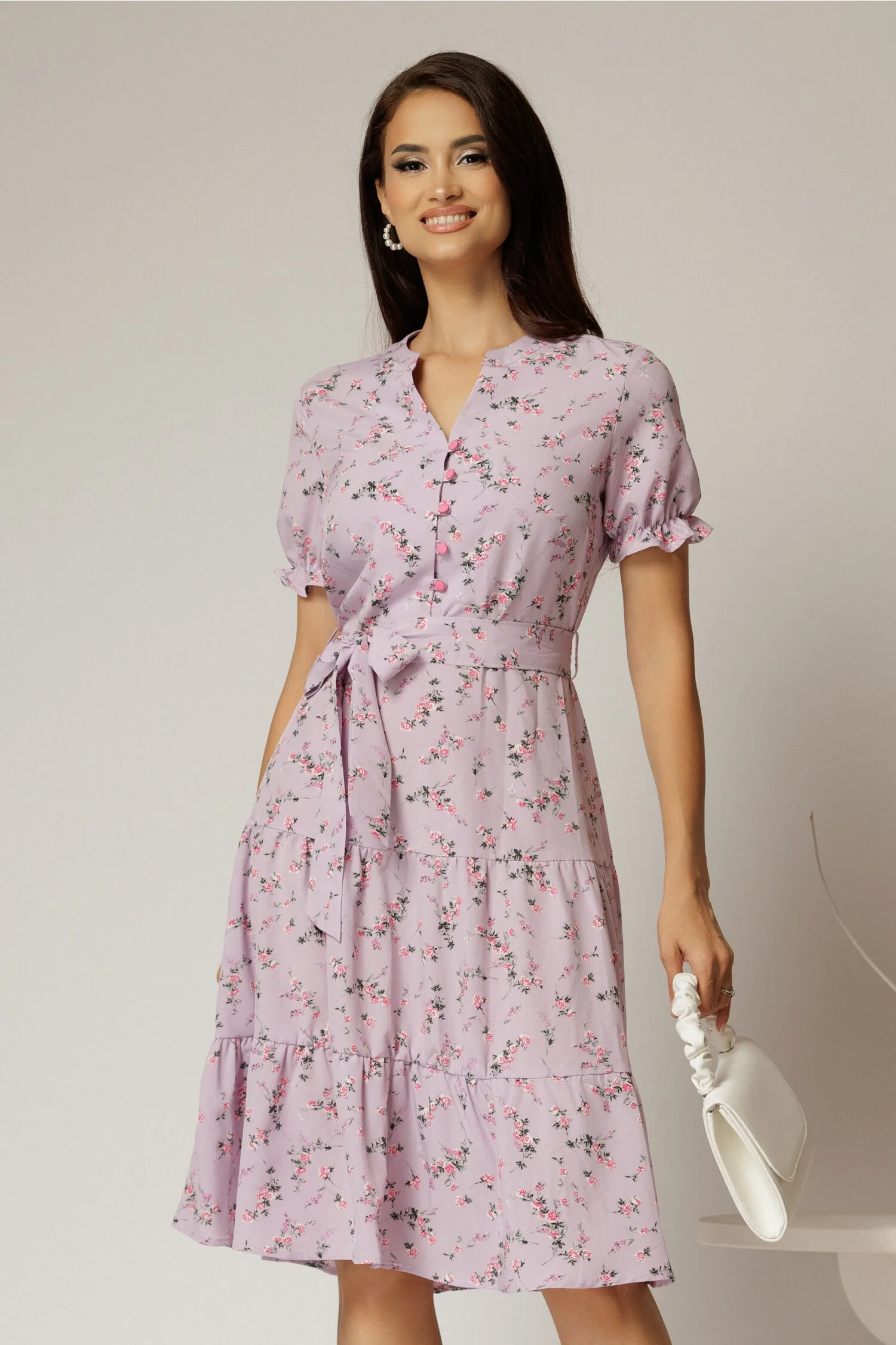 Rochie midi din viscoza lila cu imprimeuri de vara