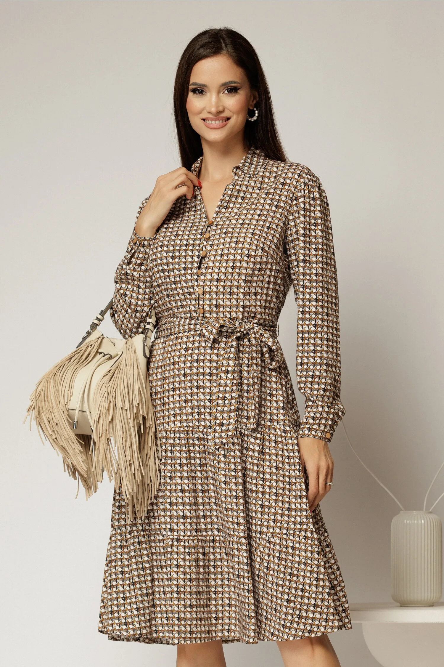 Rochie midi din viscoza maro cu imprimeu bej