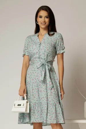 Rochie midi din viscoza verde mint cu imprimeuri de vara