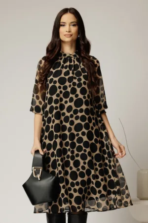 Rochie midi din voal bej cu buline negre