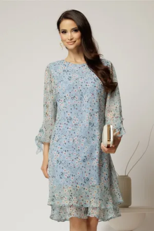 Rochie midi din voal bleu cu floricele si maneci trei sferturi