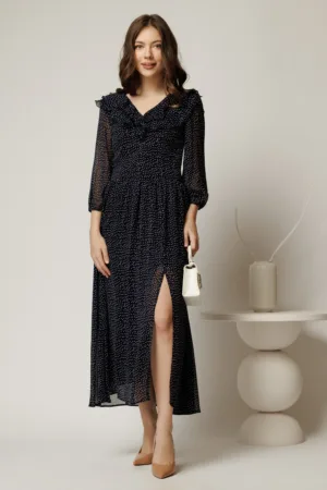 Rochie midi din voal bleumarin cu buline si volanase la decolteu