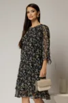Rochie midi din voal bleumarin cu floricele si maneci trei sferturi