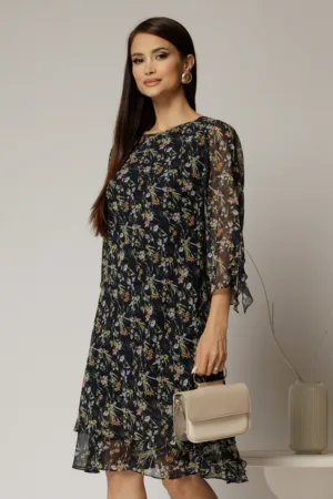 Rochie midi din voal bleumarin cu floricele si maneci trei sferturi