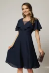 Rochie midi din voal bleumarin cu maneci evazate si decolteu adanc