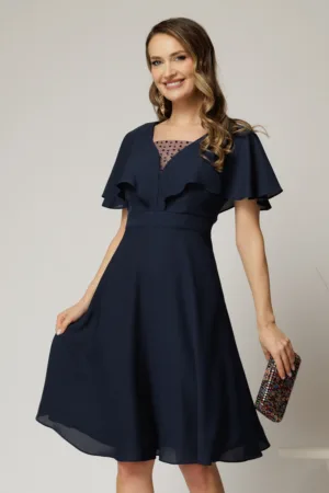 Rochie midi din voal bleumarin cu maneci evazate si decolteu adanc