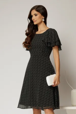 Rochie midi din voal neagra cu buline si volanase la maneci
