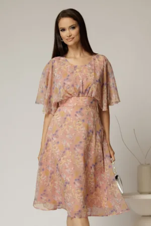Rochie midi din voal roz cu imprimeuri cu maneci scurte lejere