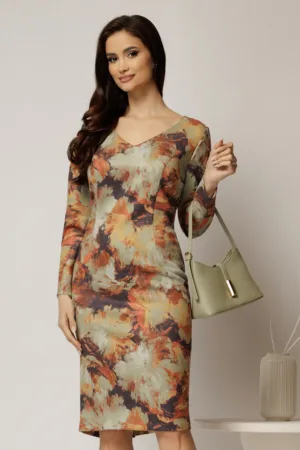 Rochie midi dreapta cu imprimeu verde fistic si oranj