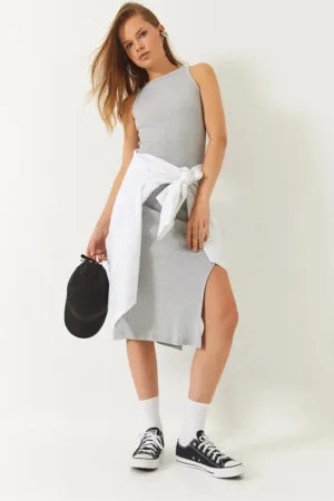 Rochie midi -  dungi - crapatura - gri - bumbac-lycra