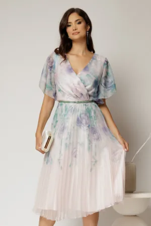 Rochie midi eleganta cu imprimeuri vernil cu fusta clos plisata