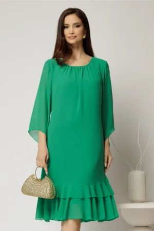 Rochie midi eleganta din voal cu croi lejer si volanase la baza