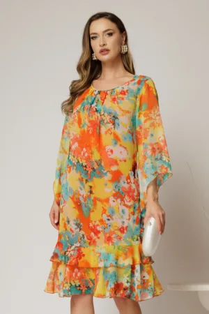 Rochie midi eleganta din voalcu imprimeuri oranj