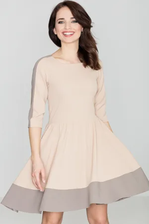 Rochie midi evazata K057 - maneca - bej - poliester