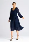Rochie midi evazata -  bleumarin - cu maneci bufante - poliester