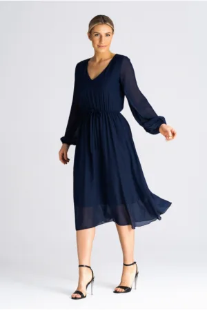 Rochie midi evazata - bleumarin - cu maneci bufante - poliester