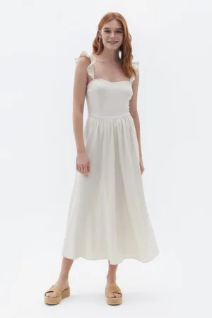 Rochie midi evazata cu bretele cu volane