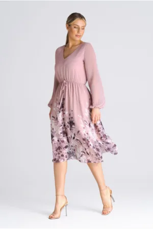 Rochie midi evazata - roz - poliester