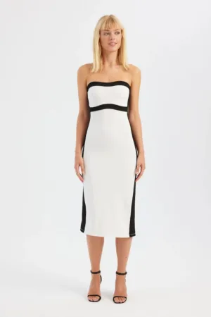 Rochie midi -  fara bretele - culori bloc - alb - fabricata din material de calitate