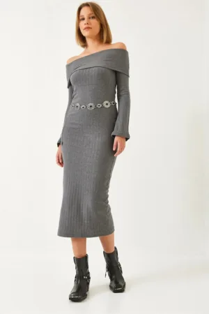 Rochie midi -  fara bretele - gri - poliester-bumbac - nervuri