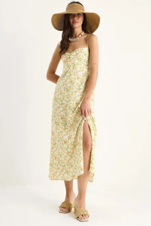 Rochie midi -  fara bretele - imprimeu floral - crapatura - viscoza