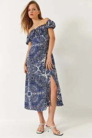 Rochie midi -  fara bretele - model cu nod - albastru - viscoza