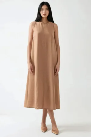 Rochie midi -  fara maneci - bumbac si in - maro