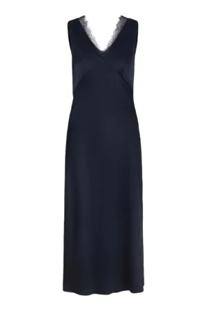 Rochie midi fara maneci cu decolteu in V si detalii tip dantela