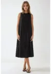 Rochie midi -  fara maneci - guler rotund - neagra - din bumbac amestecat cu in