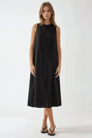 Rochie midi -  fara maneci - guler rotund - neagra - din bumbac amestecat cu in