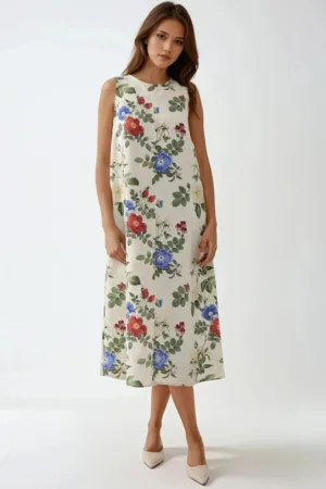 Rochie midi  fara maneci - multicolor - din bumbac si in