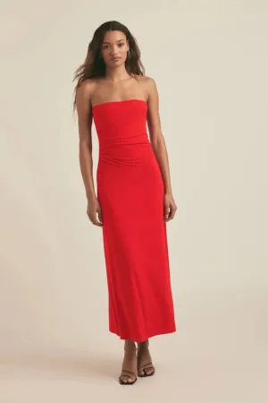 Rochie midi fara umeri cu drapaje