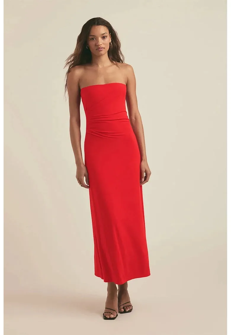 Rochie midi fara umeri cu drapaje