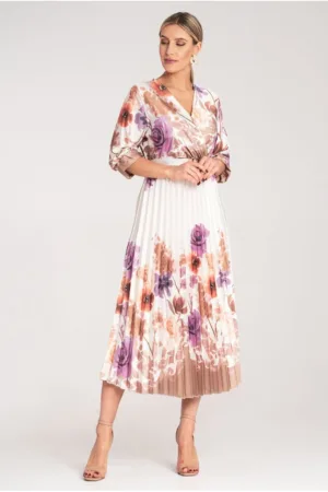 Rochie midi florala - alba cu curea - satin - eleganta - pentru ocazii speciale -