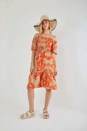 Rochie midi -  florala cu volane - portocalie - textil