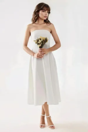 Rochie midi -  forma de A - alb - textil